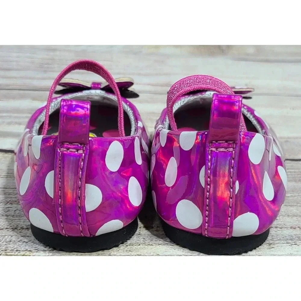 Disney Baby Minnie Mouse Mary Jane Flats Baby Size 4 Pink White Polka Dots Bows - Picture 4 of 7